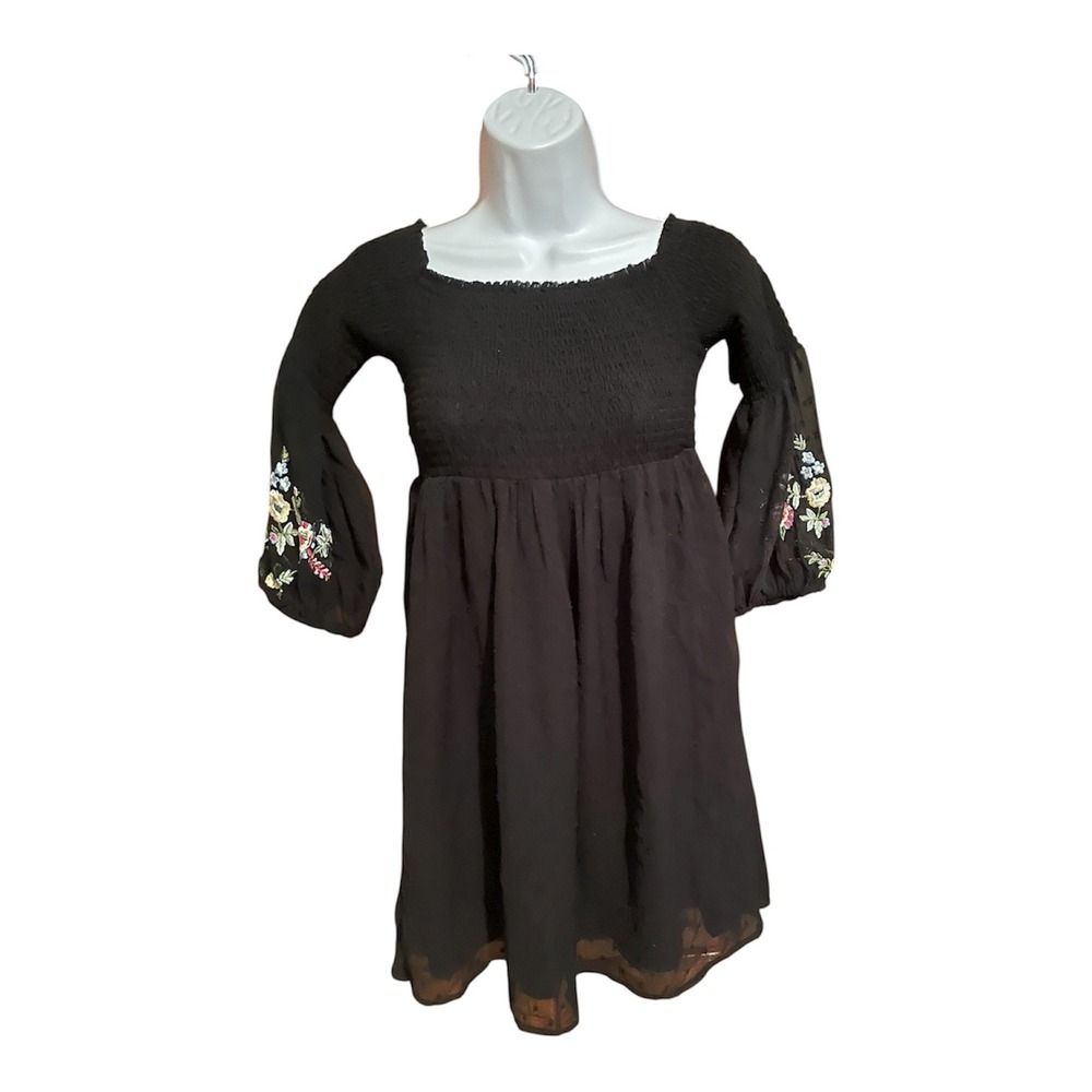 Zara‎ Basic Black Smocked Square Neck Embroidered Floral Bell Sleeve Dress S